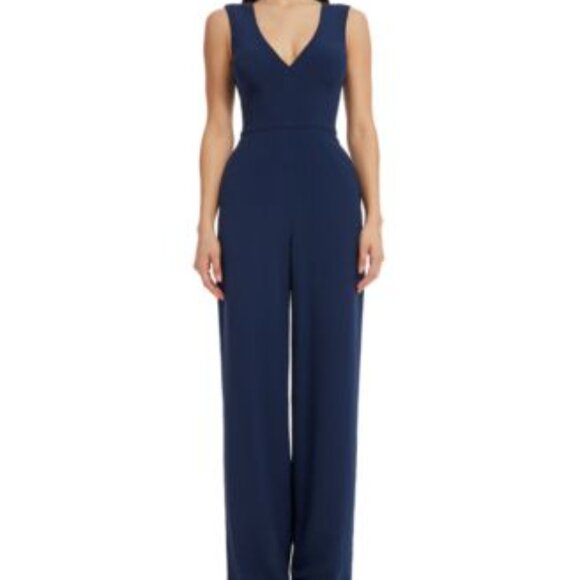 Dress the Population Sandra V-Neck Wide-Leg Jumpsuit Navy Small - Picture 1 of 4